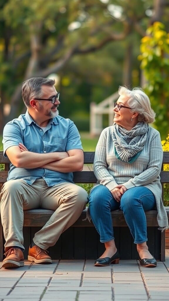 A man and a woman sitting on a bench, smiling at each other in a park.