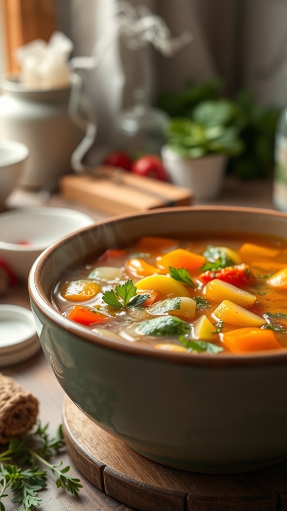 A bowl of hearty vegetable soup filled with colorful vegetables.