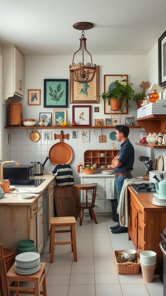 A kitchen with uncoordinated decor, featuring mismatched plates, eclectic wall art, and a mix of furniture styles.