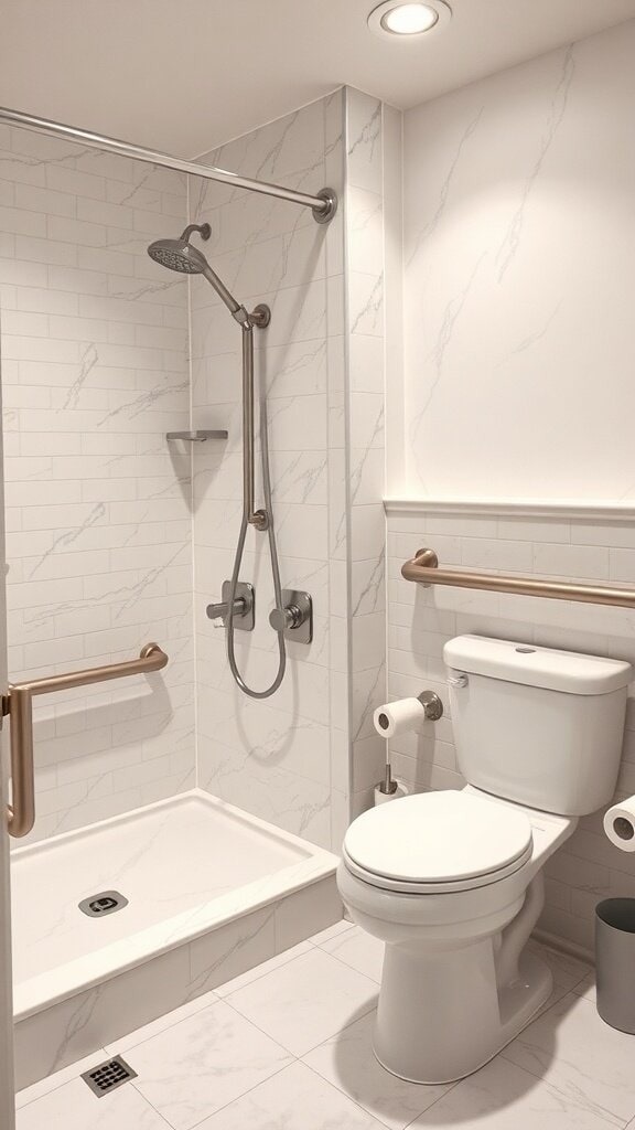 Modern bathroom with grab bars installed for safety and support