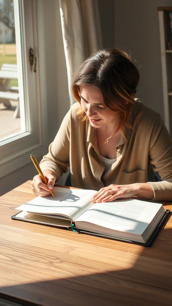 A woman writing in a book at a wooden table with sunlight streaming through the window.