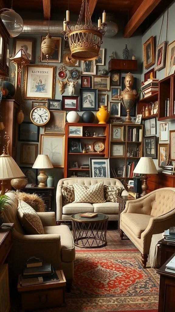 A cozy living room filled with various decorative accessories, including framed artwork, sculptures, and lamps.