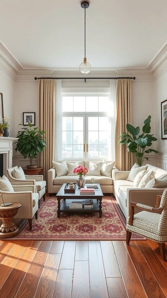 A stylish living room with beige sofas, a wooden coffee table, and large windows, featuring plants and a patterned rug.