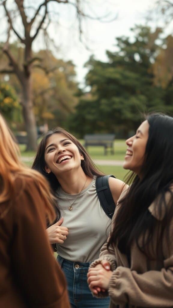 A group of women laughing together in a park, showcasing genuine joy and connection.