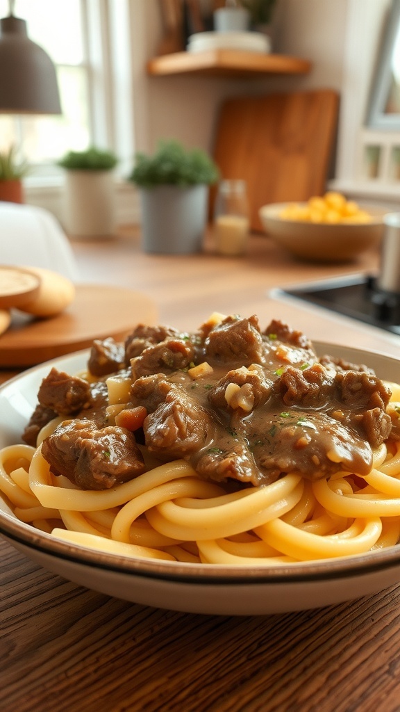 A plate of beef stroganoff served over egg noodles, garnished with parsley.