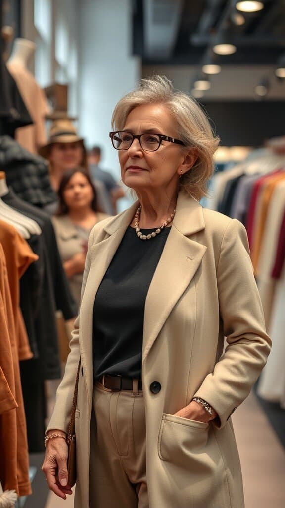 A stylish older woman in a beige coat and black top, shopping in a clothing store.