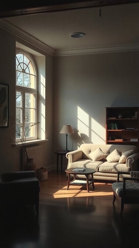 A cozy living room with natural light coming through a large window, highlighting a sofa and a small table.