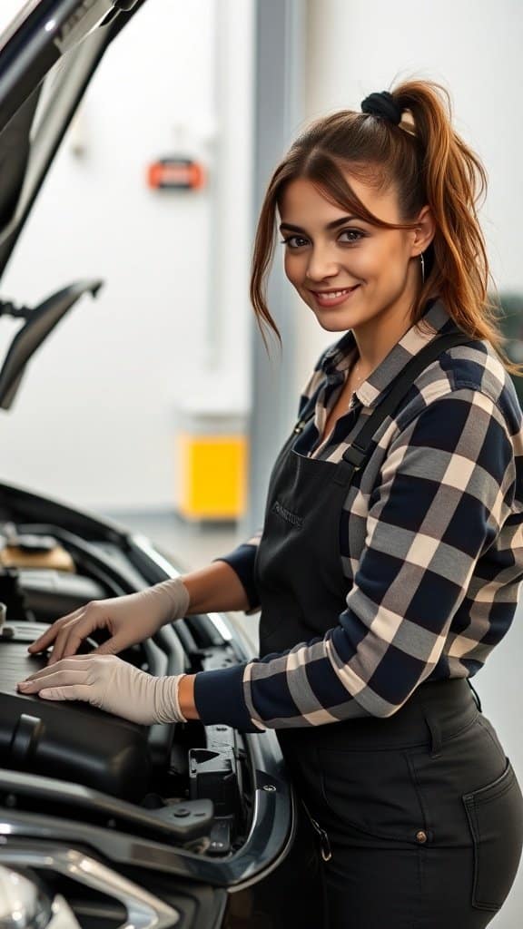 A woman working on a car engine, smiling and showing confidence.