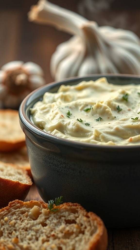 A bowl of garlic-heavy artichoke dip with slices of bread and garlic in the background.