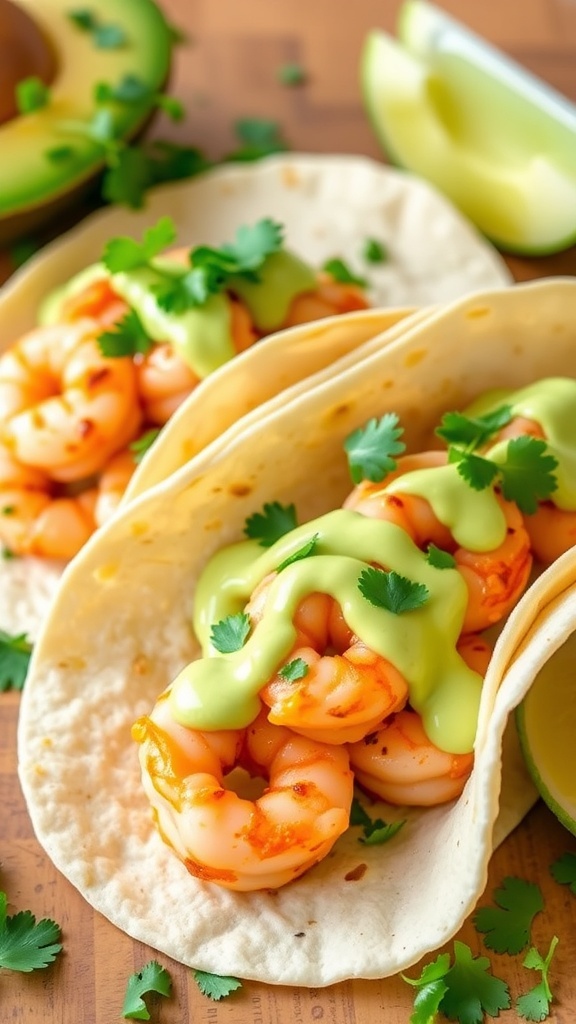 Shrimp tacos with avocado sauce and cilantro on wooden table