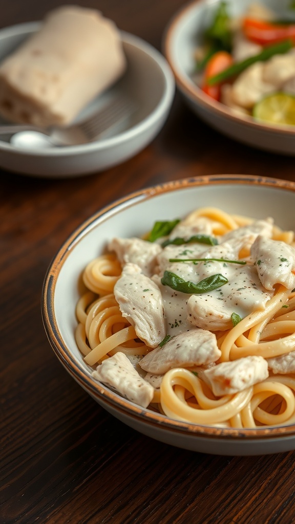 A bowl of Chicken Alfredo with fettuccine pasta, diced chicken, and creamy sauce.