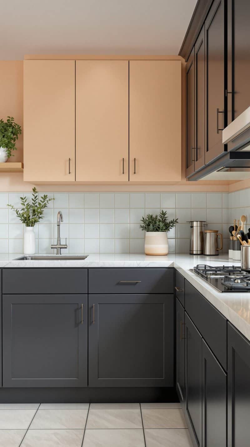 A kitchen with peach and navy cabinets, showcasing a dated color scheme.