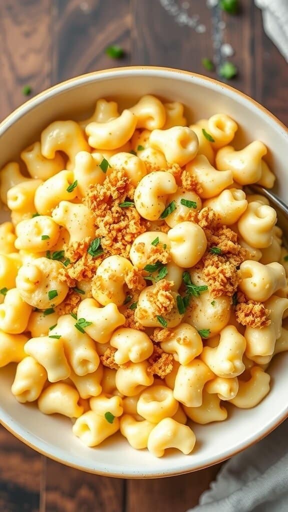 A bowl of creamy cauliflower mac and cheese topped with breadcrumbs