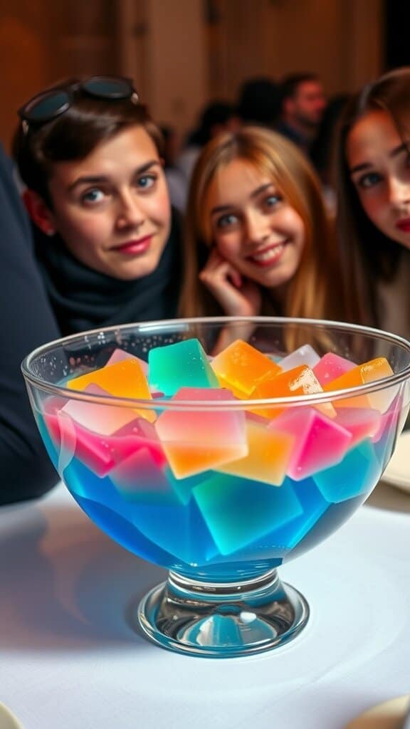 A colorful gelatin dessert in a bowl with people smiling in the background.
