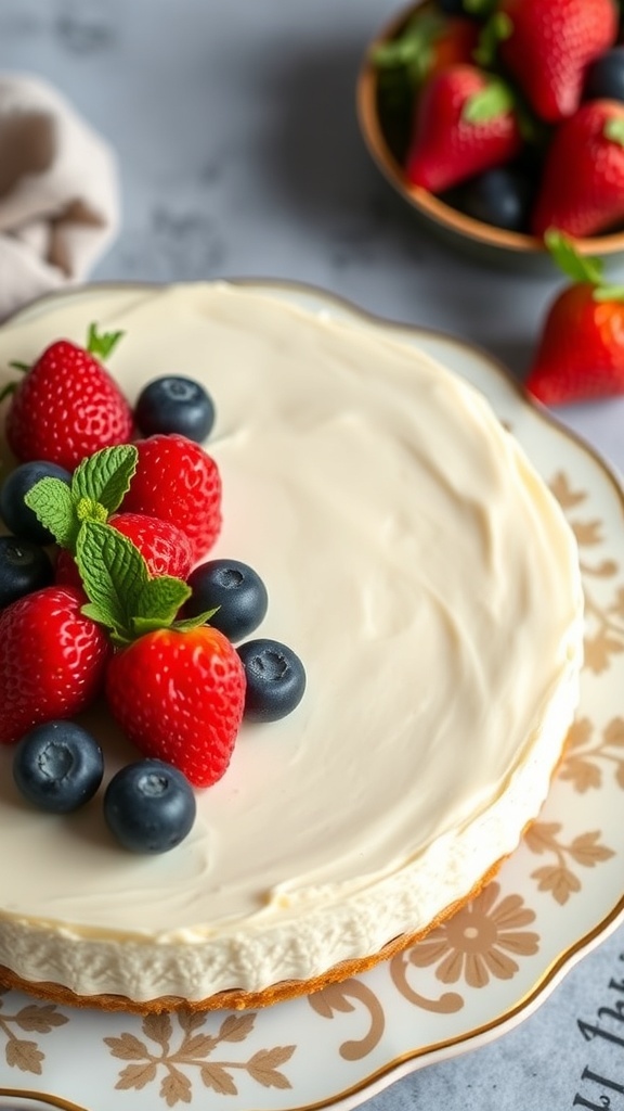 A no bake cheesecake topped with fresh strawberries and blueberries on a decorative plate.