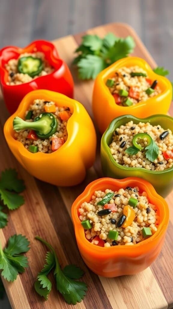Colorful stuffed bell peppers filled with quinoa and veggies on a wooden cutting board.