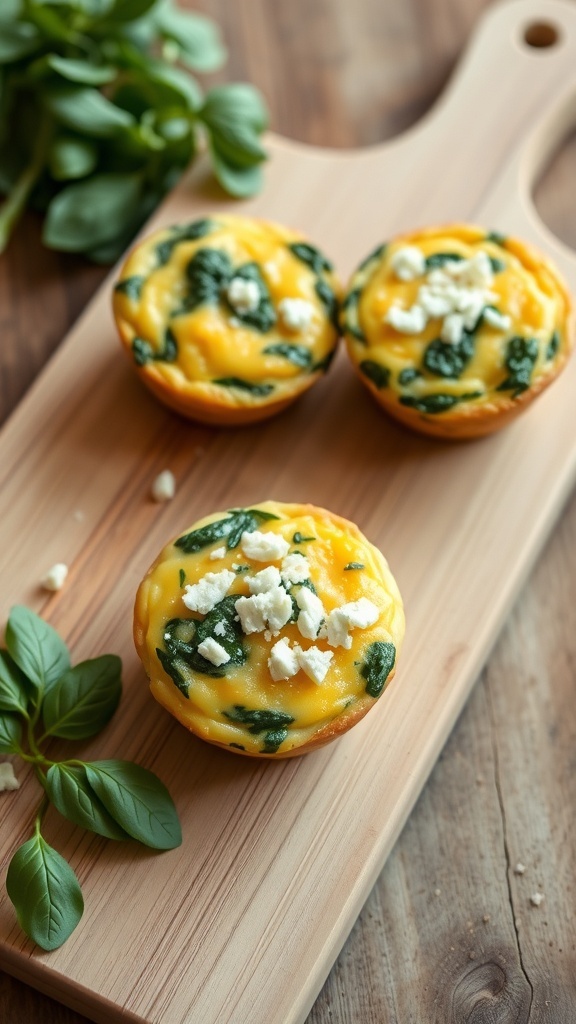 Egg muffins with spinach and feta on a wooden cutting board