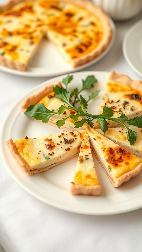 Slices of quiche on a plate, garnished with parsley.