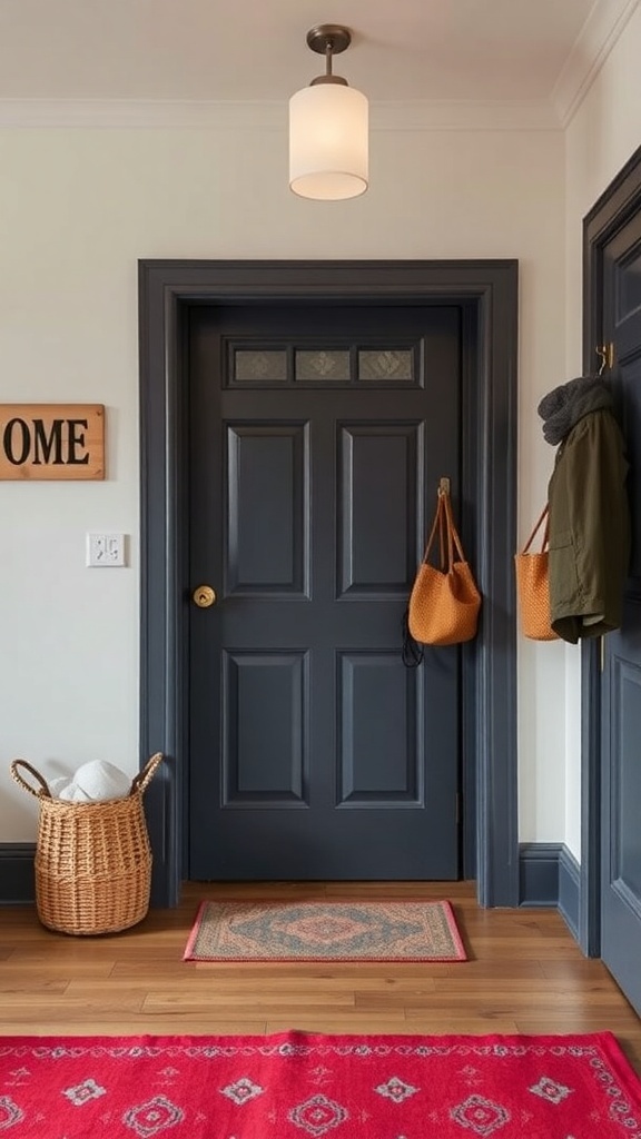 A stylish entryway featuring a dark door, hooks for coats, a basket, and a colorful rug.