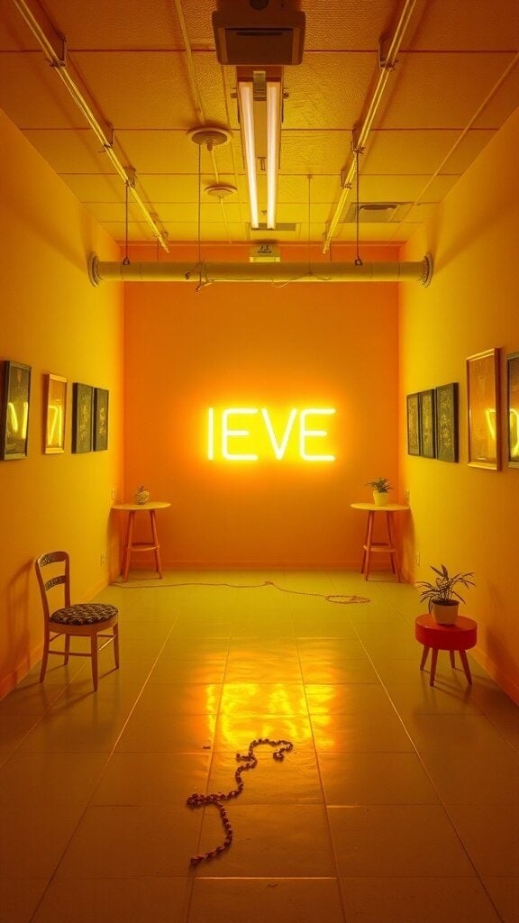 A hallway with bright yellow-orange walls and a neon sign