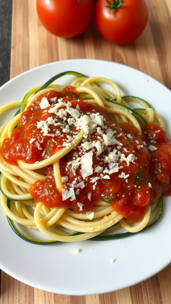 A plate of zucchini noodles topped with marinara sauce and cheese, with fresh tomatoes in the background.