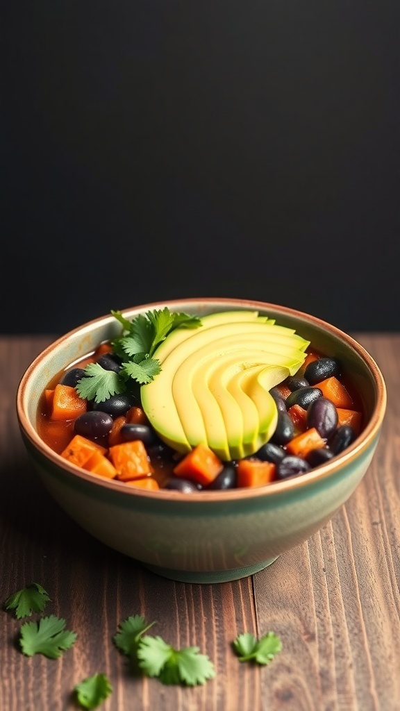 A bowl of Sweet Potato and Black Bean Chili topped with avocado slices and cilantro.