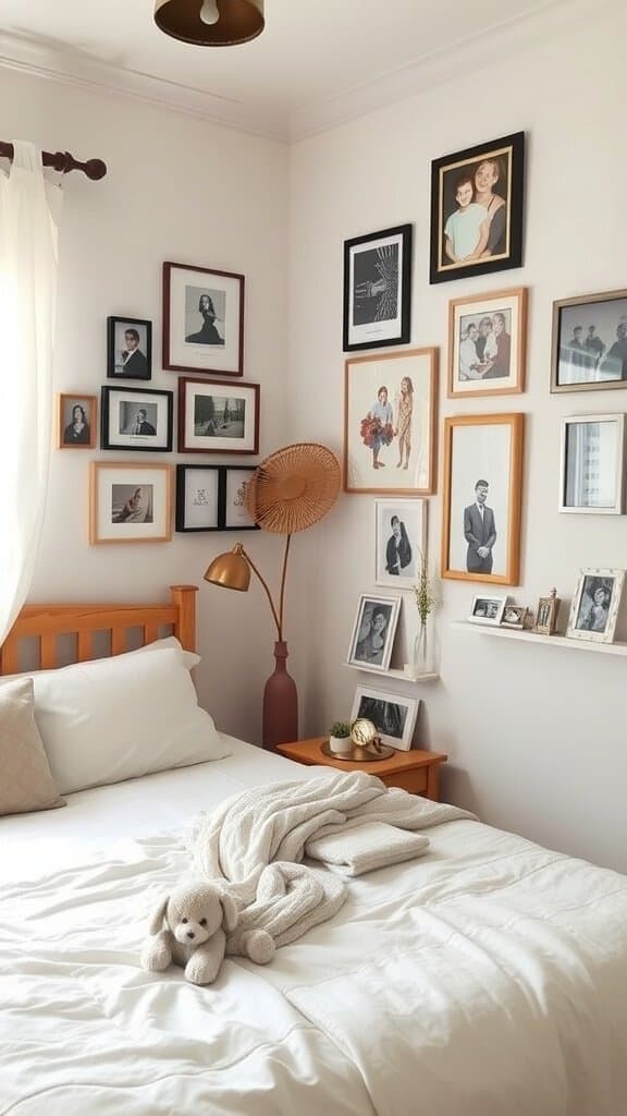 A cozy bedroom featuring a wall decorated with family photos in various frames, showcasing personal memories.