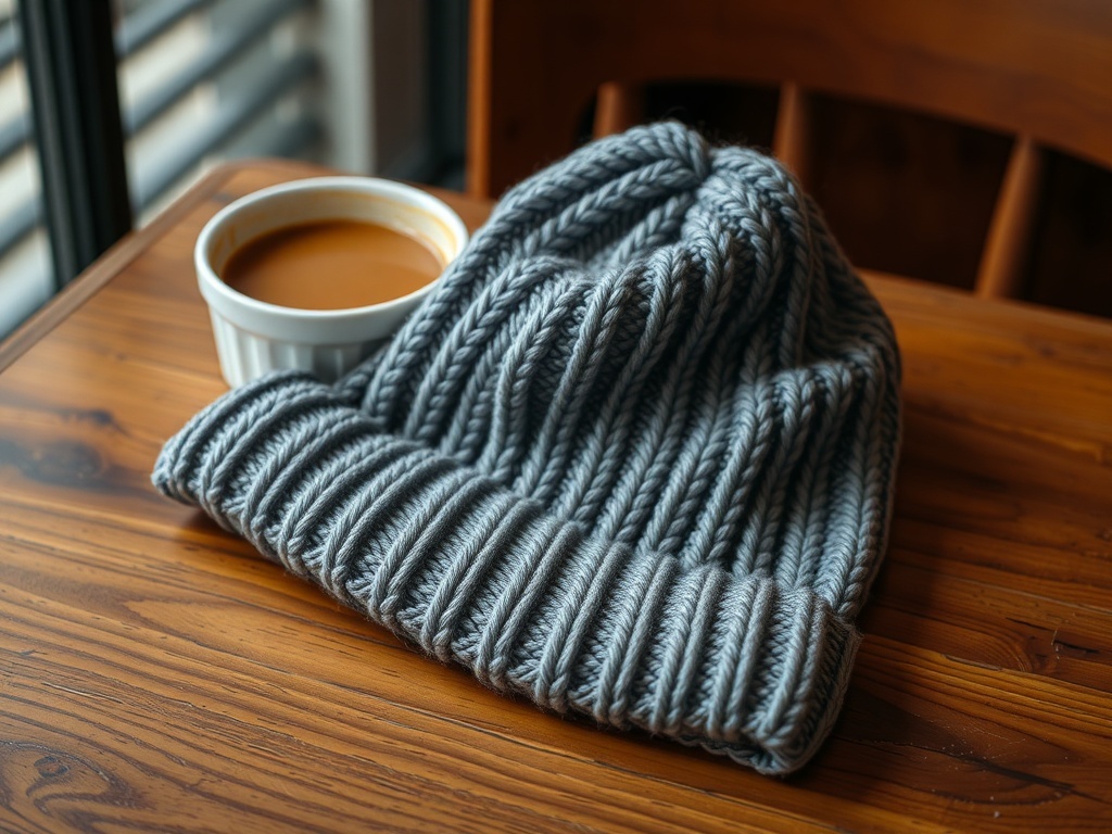 A soft gray knit beanie placed next to a cup of coffee on a wooden table.