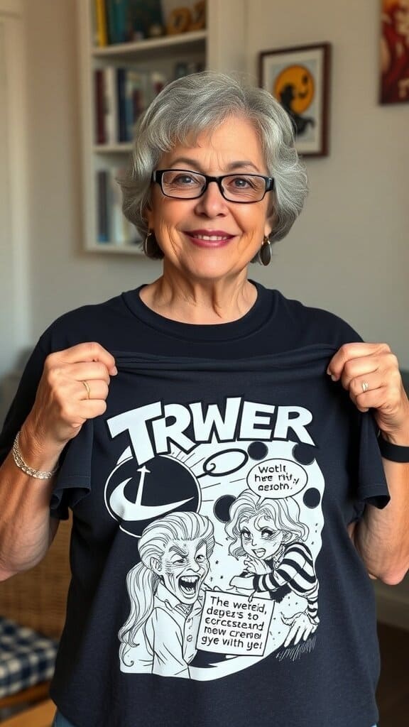 An older woman holding a graphic tee that says 'I OWINT YOU, SOLINE.'
