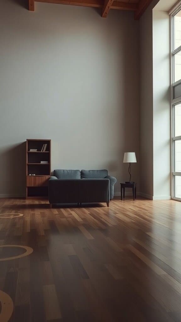 A living room featuring a small couch, bookshelf, and lamp in a spacious area with tall walls.