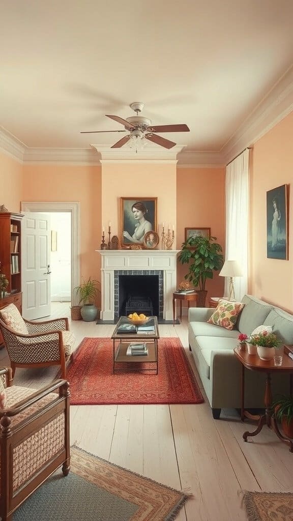 A living room with faded pastel peach walls, vintage furniture, and a cozy atmosphere.