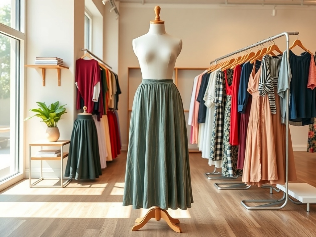 A green maxi skirt displayed on a mannequin in a clothing store, surrounded by various dresses.
