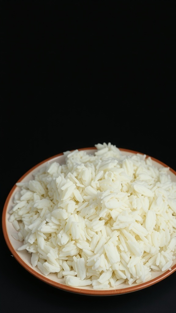 A bowl of plain cooked rice on a dark background.