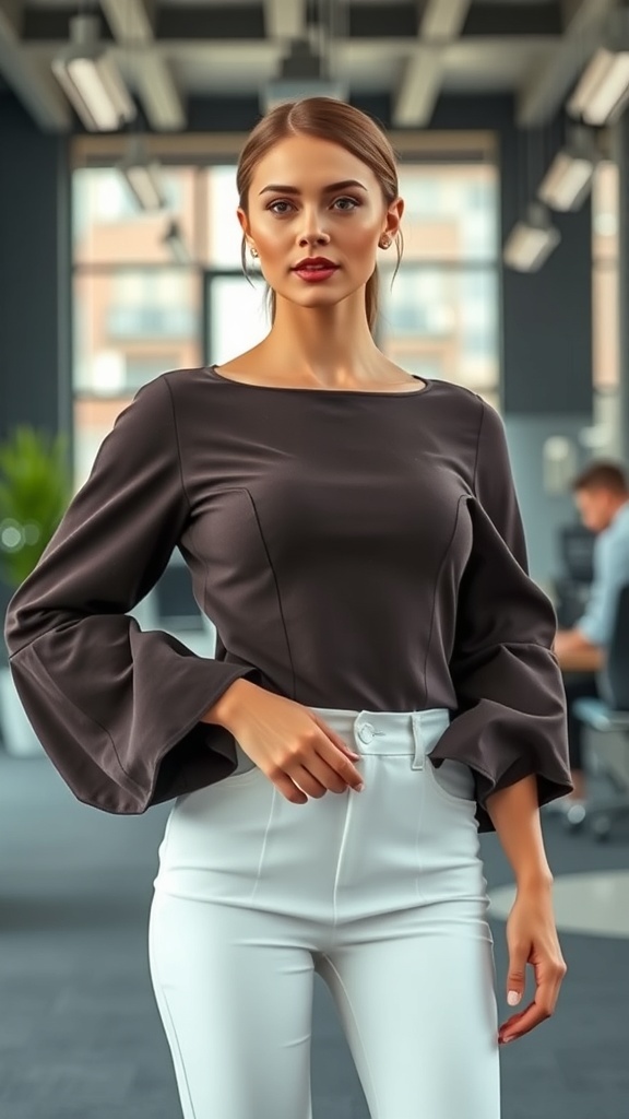A model wearing a dark top with structured sleeves and white high-waisted pants, posing confidently in a modern office setting.