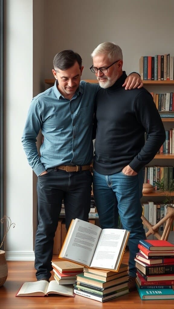 Two men standing together, surrounded by books, symbolizing knowledge and growth.