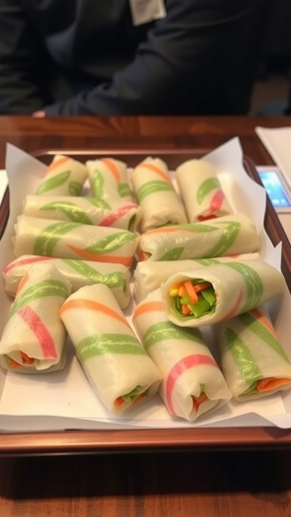 A platter of colorful vegetable spring rolls arranged neatly.