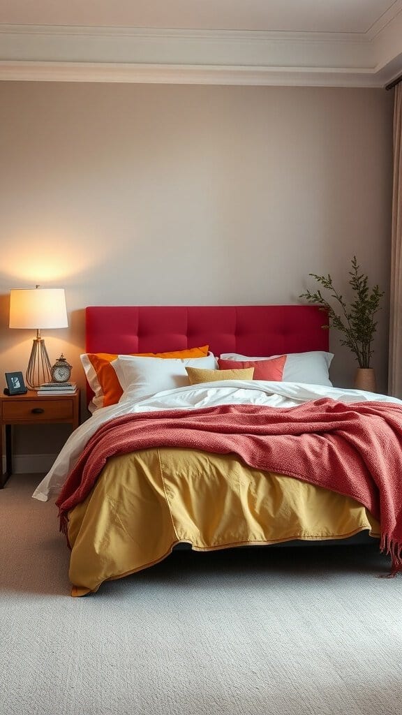 A cozy bedroom with a red headboard, yellow and white bedding, and a coral throw.