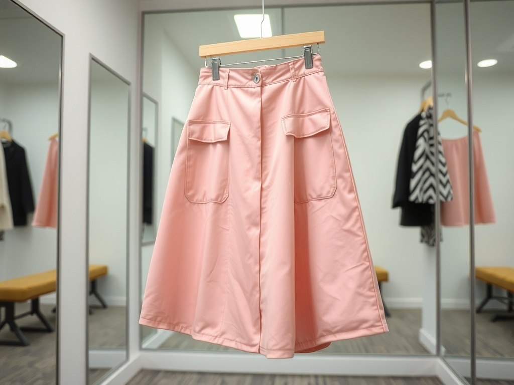 A stylish pink A-line skirt hanging in a fitting room with mirrors