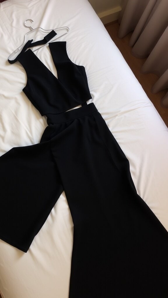 A woman in a black outfit lying on a bed, smiling.
