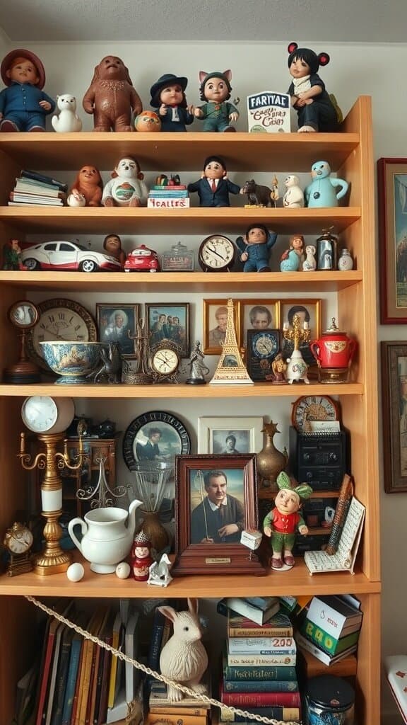 A cluttered shelf filled with various knickknacks, dolls, clocks, and books.