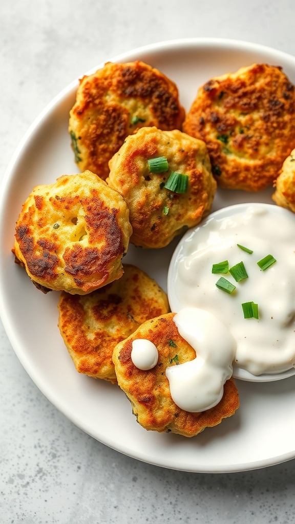 Plate of zucchini fritters with tzatziki sauce