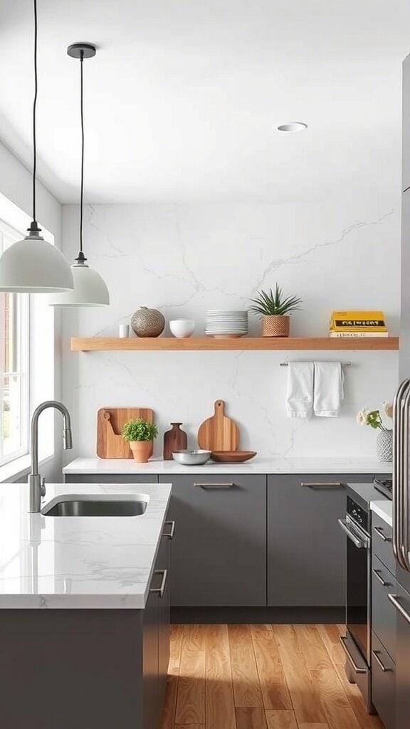 A modern kitchen with gray cabinets, quartz countertops, and wooden shelves.