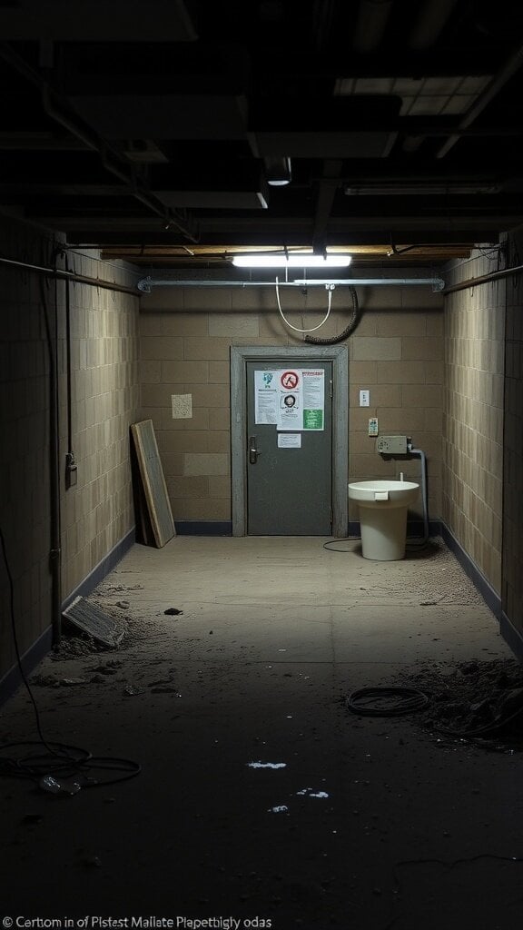 Dimly lit basement hallway with a door at the end, showing signs of neglect and dust.