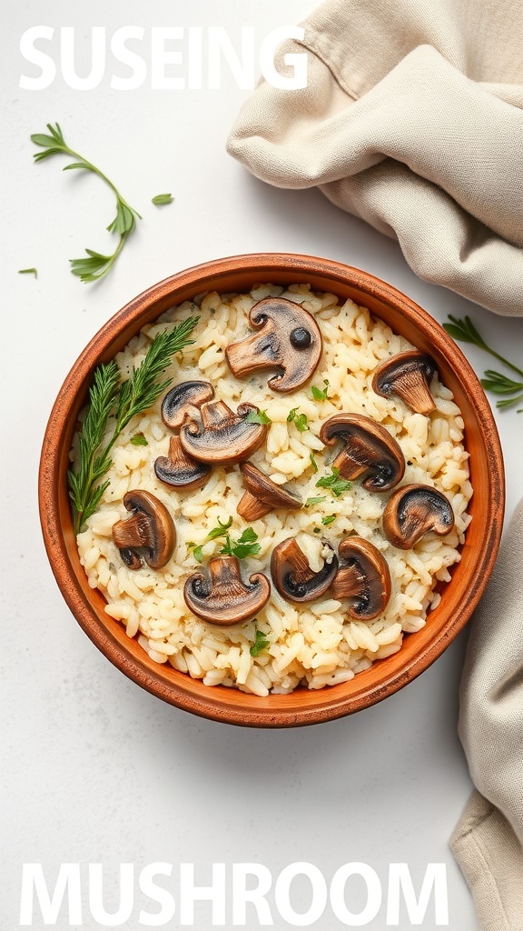 A bowl of mushroom risotto topped with mushrooms and herbs, with a beige cloth in the background.
