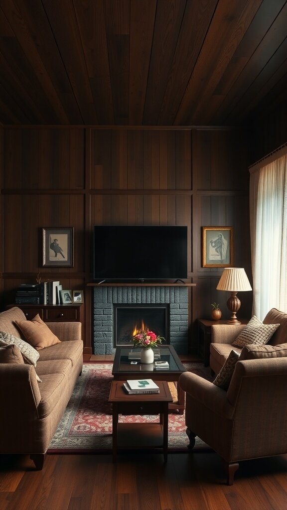 A cozy living room featuring dark wood paneling on the walls and ceiling, with a fireplace and comfortable furniture.