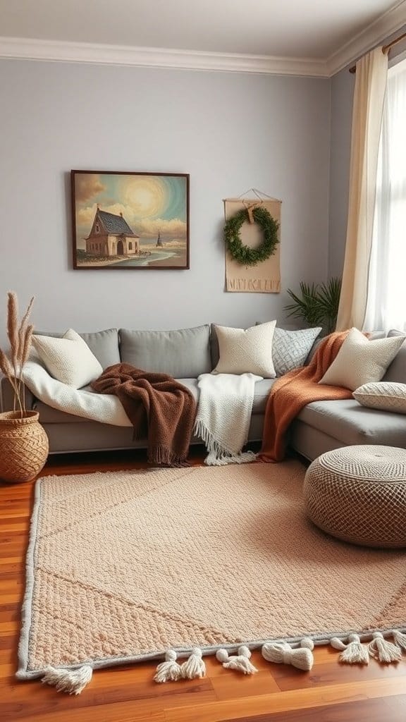 A cozy living room with a grey couch, soft blankets, cushions, and a textured area rug.
