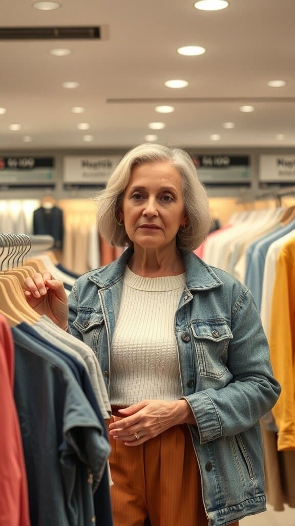 A woman with gray hair browsing clothes in a store, looking thoughtful.