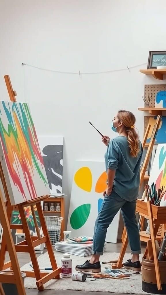 A woman painting in an art studio, surrounded by colorful canvases and art supplies.