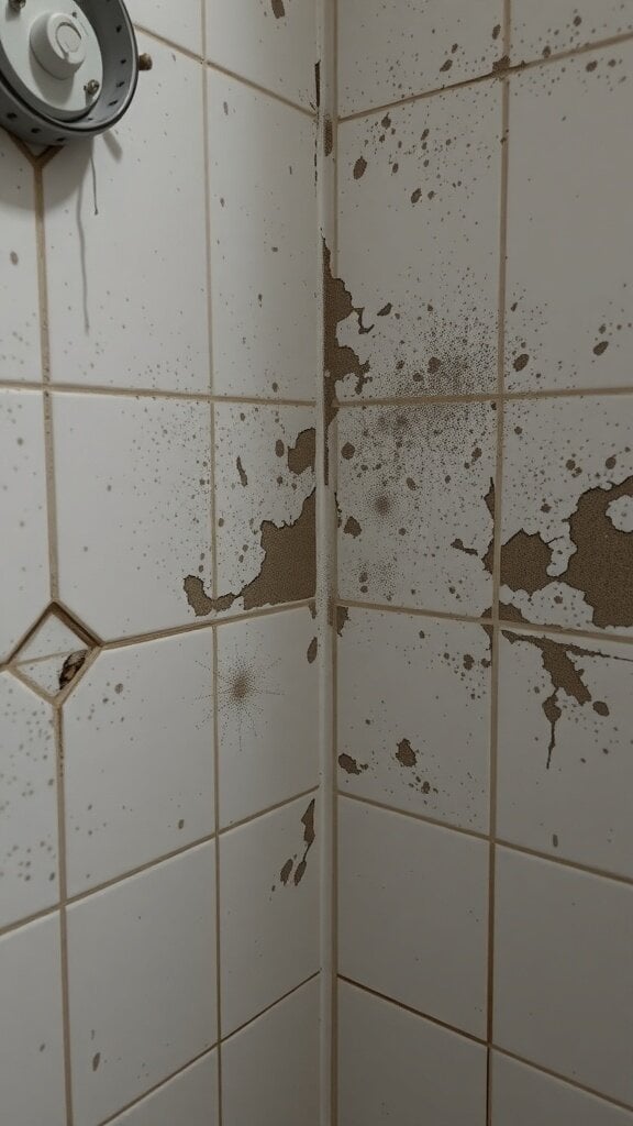 A bathroom corner showing visible mold and mildew on the tiles.