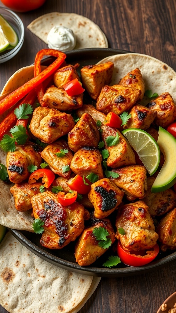 A plate of fast chicken fajitas with colorful peppers and tortillas